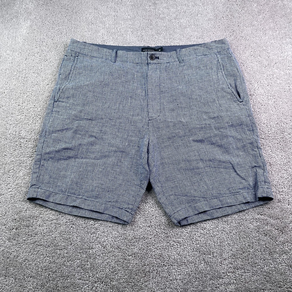 Club Monaco Shorts Mens 36 Blue Houndstooth Linen Maddox Fit Lightweight Chino